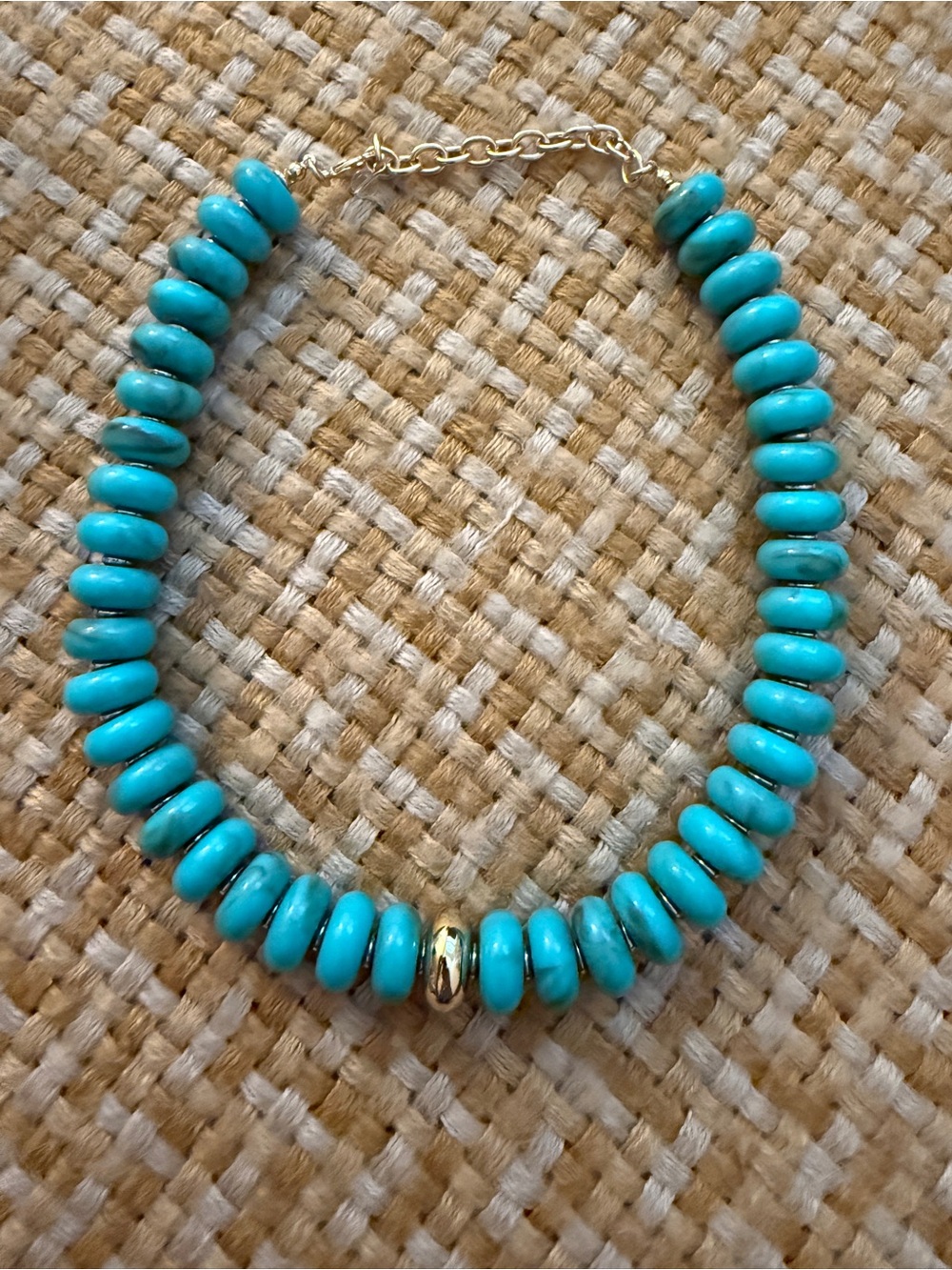 Turquoise Colored Beaded Choker Necklace with Gold Accent, 18” with 3” extender